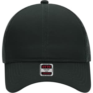 A black 6 Panel Mid Profile Trucker Cap with mesh back and adjustable strap, featuring a logo tag.