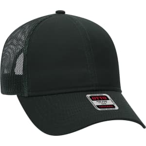 A dark green 6 panel trucker hat featuring a mesh back and a branded tag on the front.