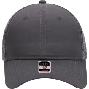 A grey 6 panel mid profile trucker cap with a mesh back and a logo label on the front.