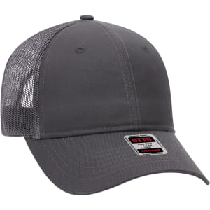A grey 6 Panel Trucker Hat with a mesh back and a woven label, featuring a rounded shape and adjustable strap.
