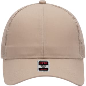 A beige 6 panel mid-profile trucker cap with mesh sides and a logo tag at the front.