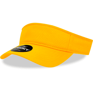 A yellow visor with a wide brim and an adjustable strap, featuring a logo.