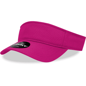 A pink visor with a wide brim and a logo on the front. The strap is adjustable for a comfortable fit.