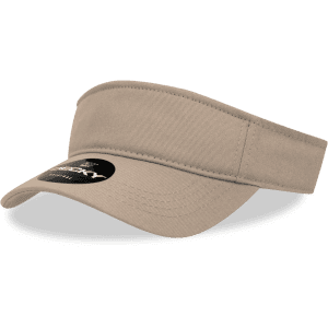 A beige visor with a wide brim and a logo on the front, angled to showcase its shape.