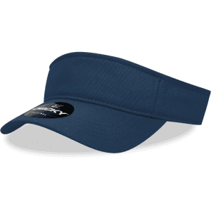 A navy blue visor with a wide brim and a branded logo on the front.