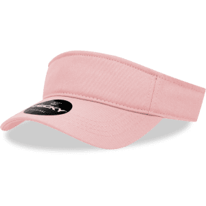 A pink visor with a wide brim and a logo on the front, featuring a simple and sporty design.