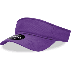 A purple visor with a wide brim and an attached logo. The fabric appears sturdy and well-structured.