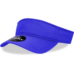 A blue visor with a wide brim and an attached branding logo on the front.