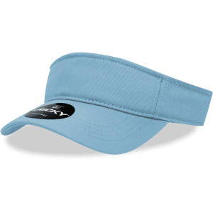 A blue visor with a wide brim, featuring a circular branding label on the front.