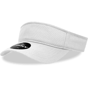 A white visor with a wide brim and a logo on the front. Suitable for sun protection and outdoor activities.