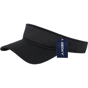 A black mesh jersey visor with a wide brim and a tag attached, featuring a logo.