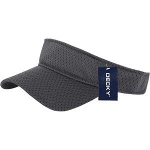 A grey mesh jersey visor with a branded tag, featuring a wide brim for sun protection.