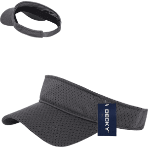 A grey mesh jersey visor with a branding tag, displaying a smooth surface and curved brim.