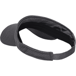A grey mesh jersey visor with a curved brim and an adjustable back strap. It features a logo on the side.