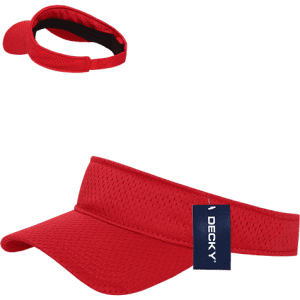 A red mesh jersey visor with an adjustable band and a small logo tag.