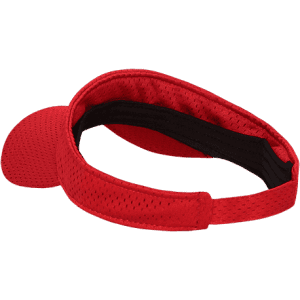 A red mesh jersey visor with a black interior and a curved brim, featuring a logo on the side.