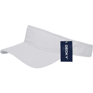 A white mesh jersey visor with an adjustable strap and a branded tag.
