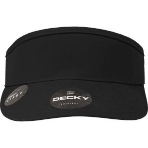 A black visor with a wide brim, featuring a logo and packaging details.