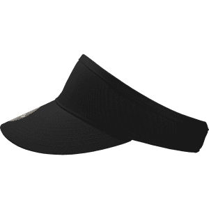 A black visor featuring a wide brim and a curved design, complete with a logo.
