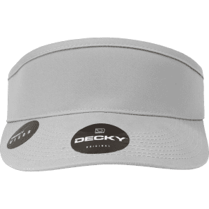 A grey visor with a wide brim and a logo on the front. It features a simple, sleek design.