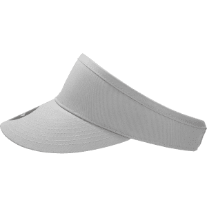 A grey visor with a wide brim and an adjustable band featuring a logo.