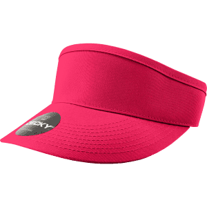A pink visor featuring a wide brim and a logo on the front.