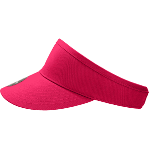 A pink visor with a curved brim and a logo on the front, designed for outdoor wear.