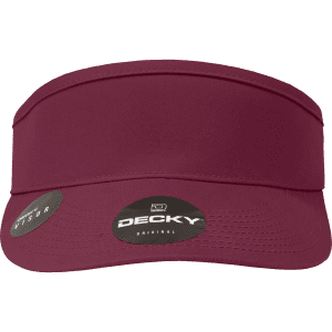 A maroon visor with a wide brim and a branding logo on the front.