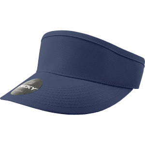 A navy blue visor with a wide brim and a logo on the front.