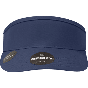 A navy blue visor with a wide brim and a logo on the side.