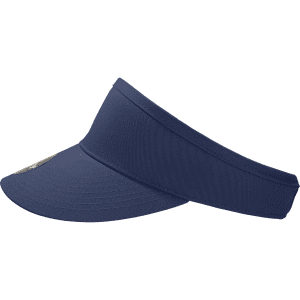 A navy blue visor featuring a wide brim and a stretchable band. It includes a logo on the front.