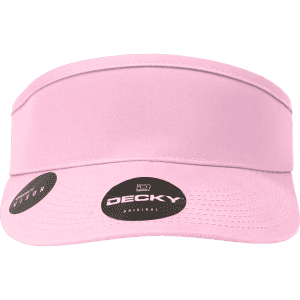 A pink visor with a wide brim and branding on the side. The fabric is smooth and lightweight.