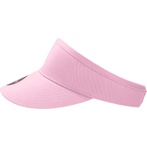 A pink visor with a wide brim and an attached band, featuring a logo on one side.