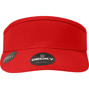 A red visor with a wide brim and branding on the front.