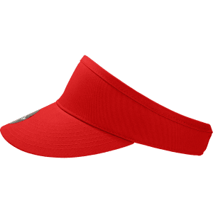 A red visor with a wide brim and an adjustable band features a logo on the front.