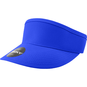 A blue visor with a wide brim and a logo on the side.
