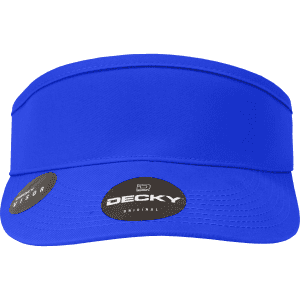 A blue visor with a wide brim and a logo visible on the side. The design is sleek and simple.