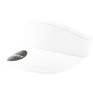 A white visor with a wide brim and a brand logo on the front.