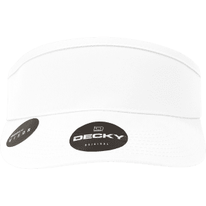A white visor featuring a large brim and a logo. The product is designed for sun protection.
