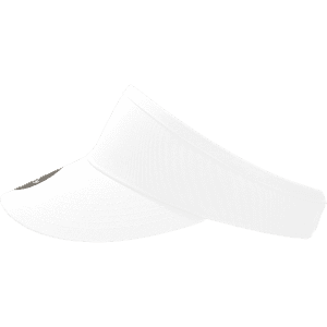 A white visor with a wide brim and an adjustable band, featuring a logo on the front.