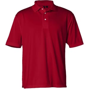 A red polo shirt featuring short sleeves and a collar, with a logo on the upper left.