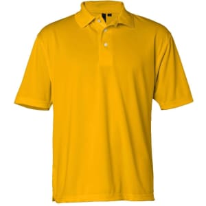 A yellow moisture-free pique polo shirt with a collar and three buttons, featuring a logo.