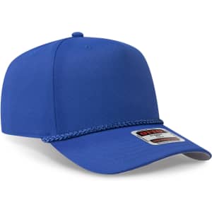 A blue, five-panel mid-profile baseball cap with a logo and a braided detail on the brim.