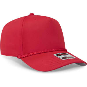 A red 5 panel mid profile baseball cap with a braided detail and a logo on the front.