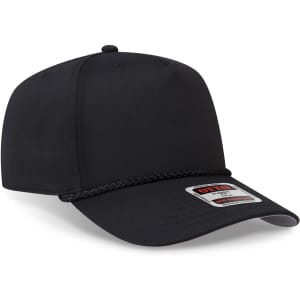A black 5 panel mid-profile baseball cap with a braided detail and a small logo tag.