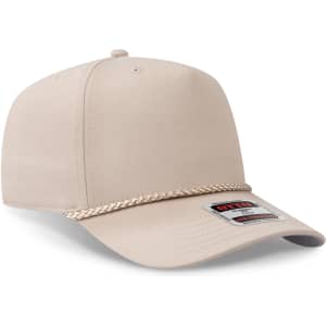 A 5 panel mid profile baseball cap in a light beige colour with a decorative chain detail and a logo on the front.