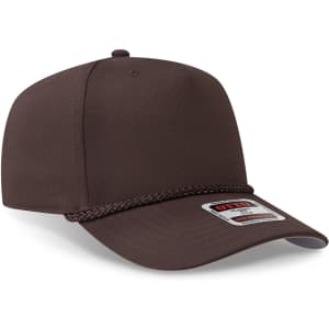 A brown 5 panel mid profile baseball cap with a chain detail and a logo tag on the front.