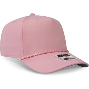 A pink 5 panel mid-profile baseball cap with a decorative band and a logo.