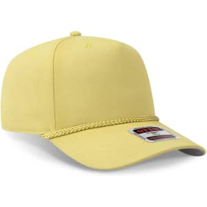 A yellow 5 panel mid profile baseball cap with a braided design and a logo on the side.