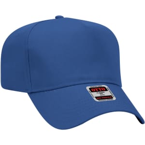 A blue 5-panel baseball cap featuring a curved peak and a branding label on the side.